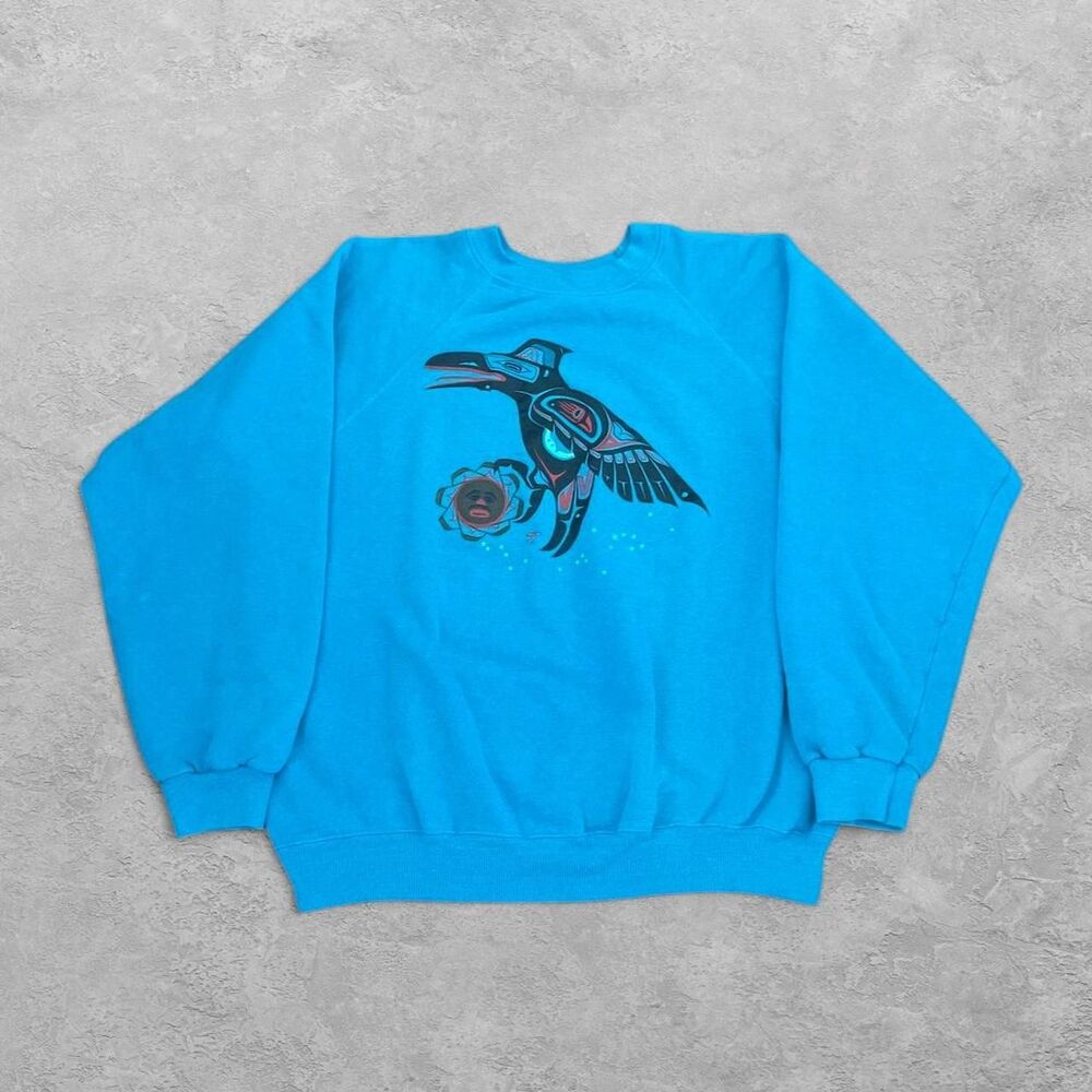 VTG Hanes 90s Raven Graphic Sweatshirt XL Turquoise Made In USA Formline